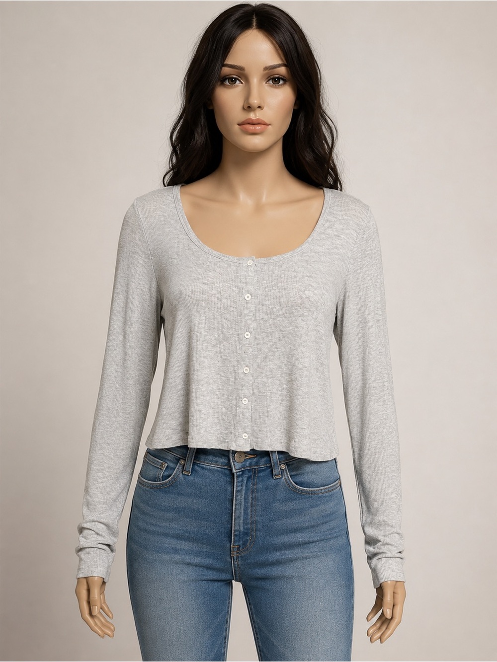 wild fable Heather Gray Scoop Neck Button-Front Long Sleeve Tee